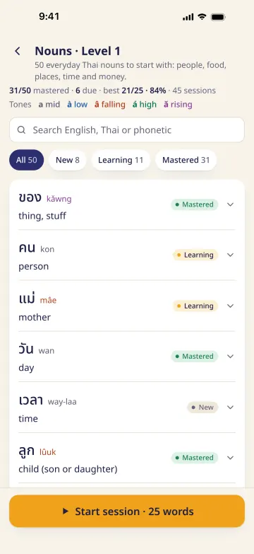 A deck’s word list with tone-colored phonetics and New, Learning and Mastered filters
