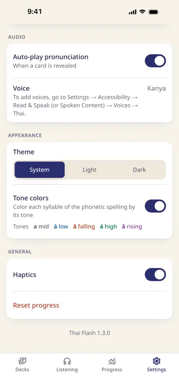Settings in dark mode: voice, theme and tone colors