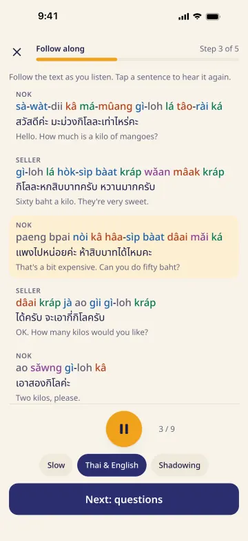 A listening story’s Follow along step, the spoken line highlighted, with Thai and English